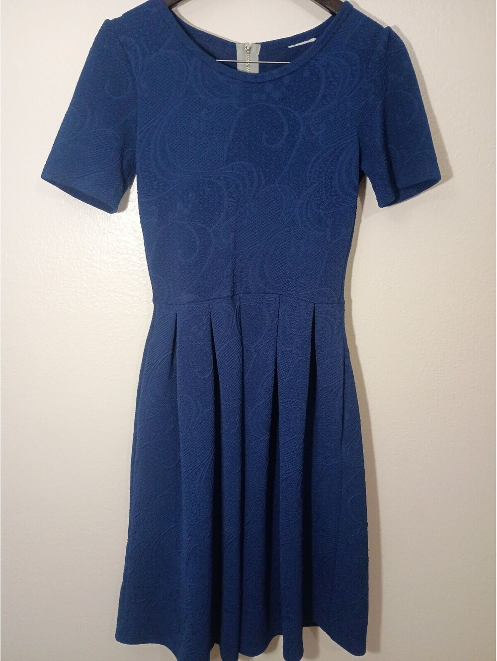Simply Comfortable Navy Blue Textured Fit & Flare Dress with Back Zipper, Size S